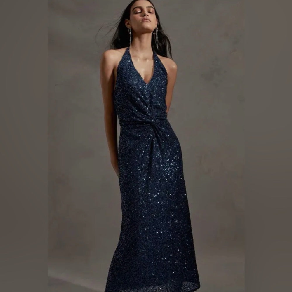 959. Current Air Navy Sequin Halter Gown
