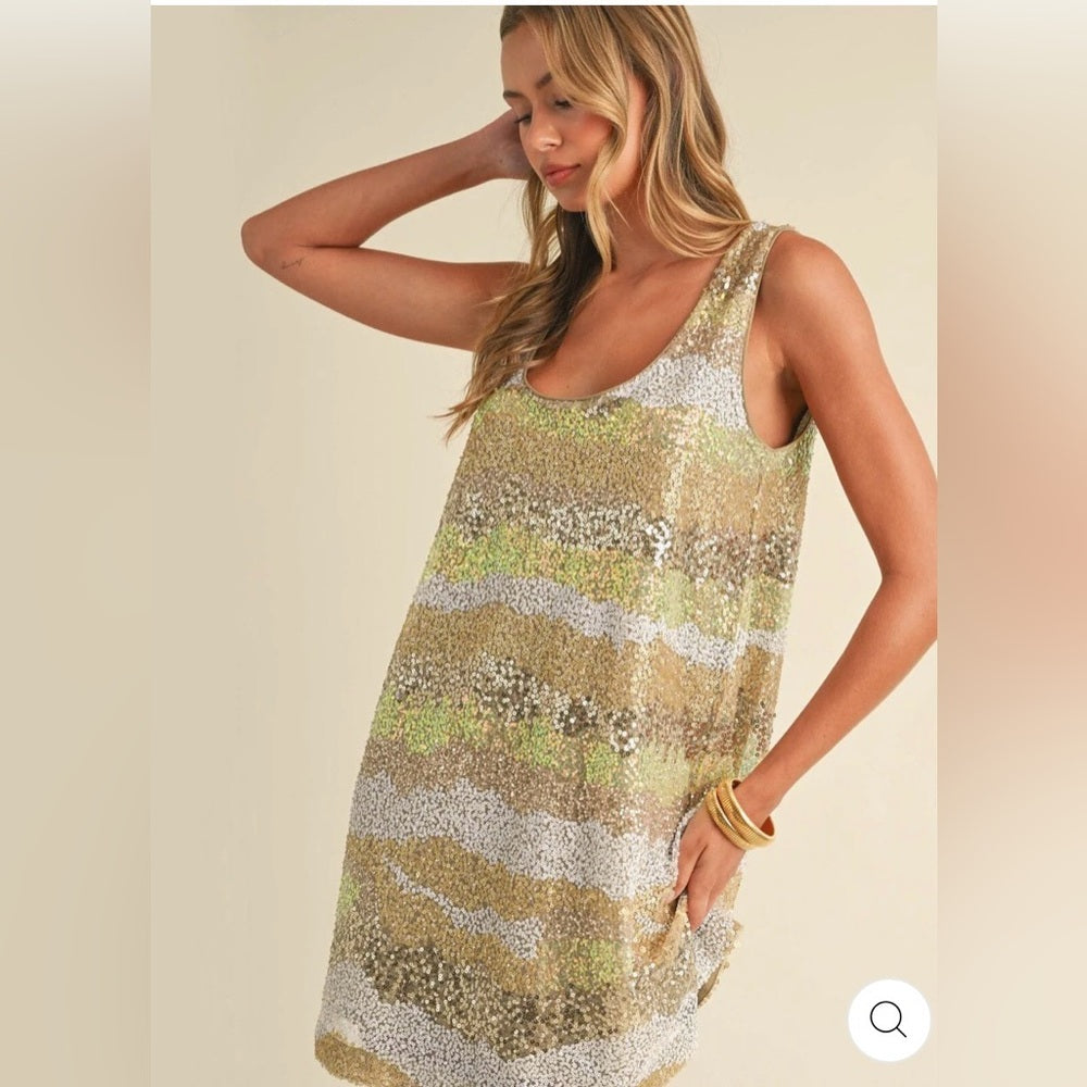 960. Sequin Sand Striped Mini Dress