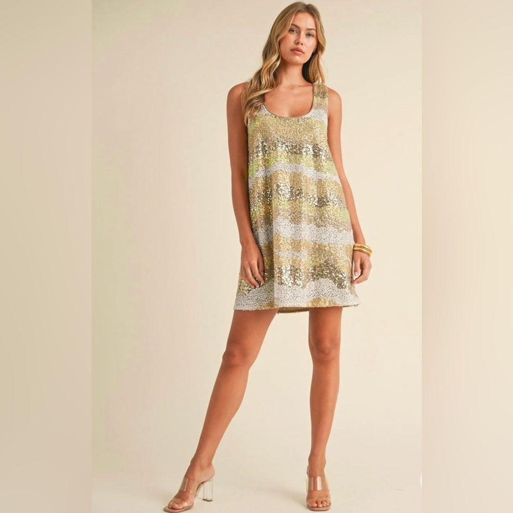 960. Sequin Sand Striped Mini Dress