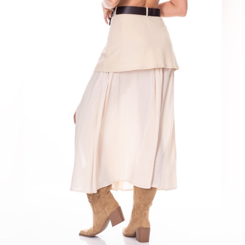 961. Belted Cream Maxi Skirt with Front Slit