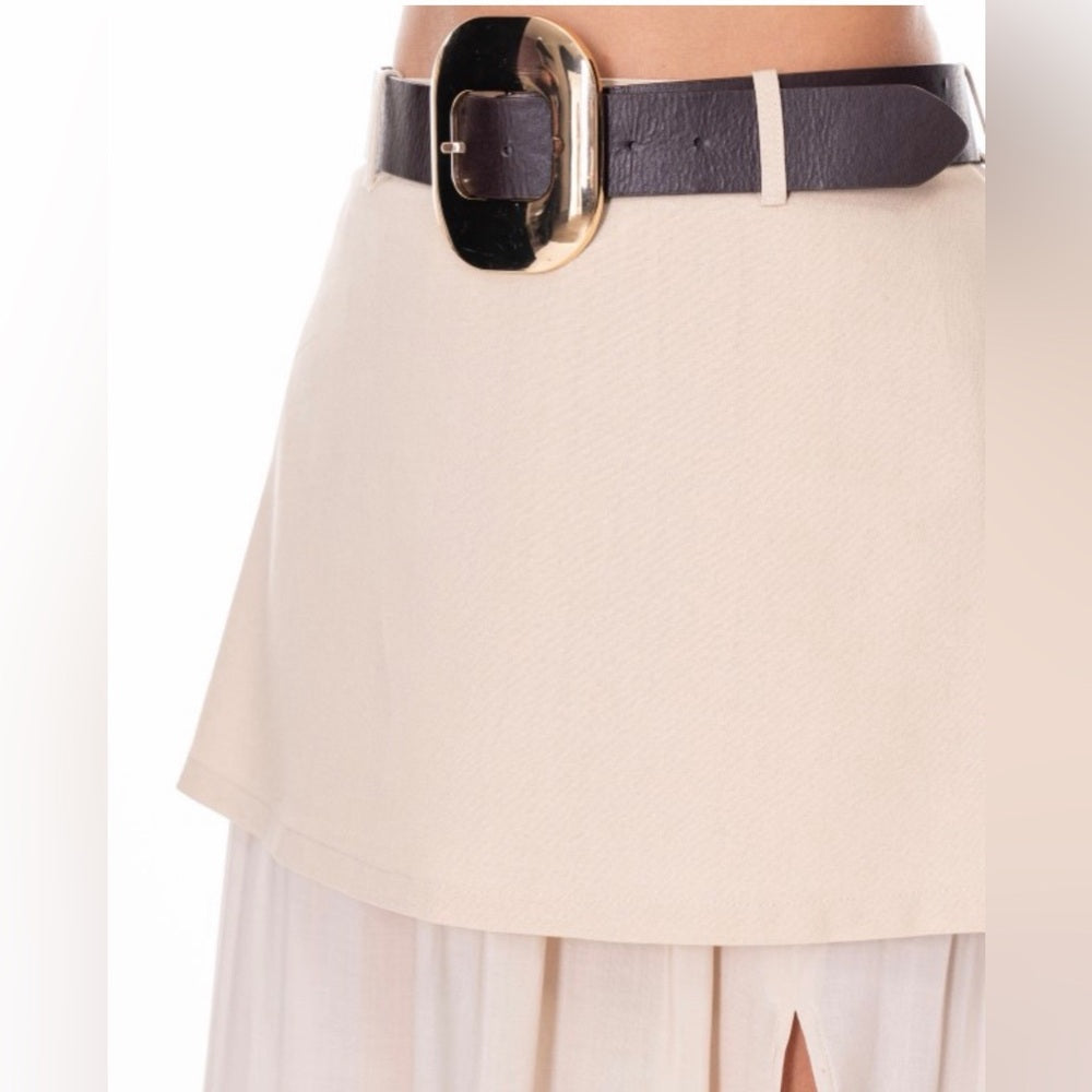 961. Belted Cream Maxi Skirt with Front Slit
