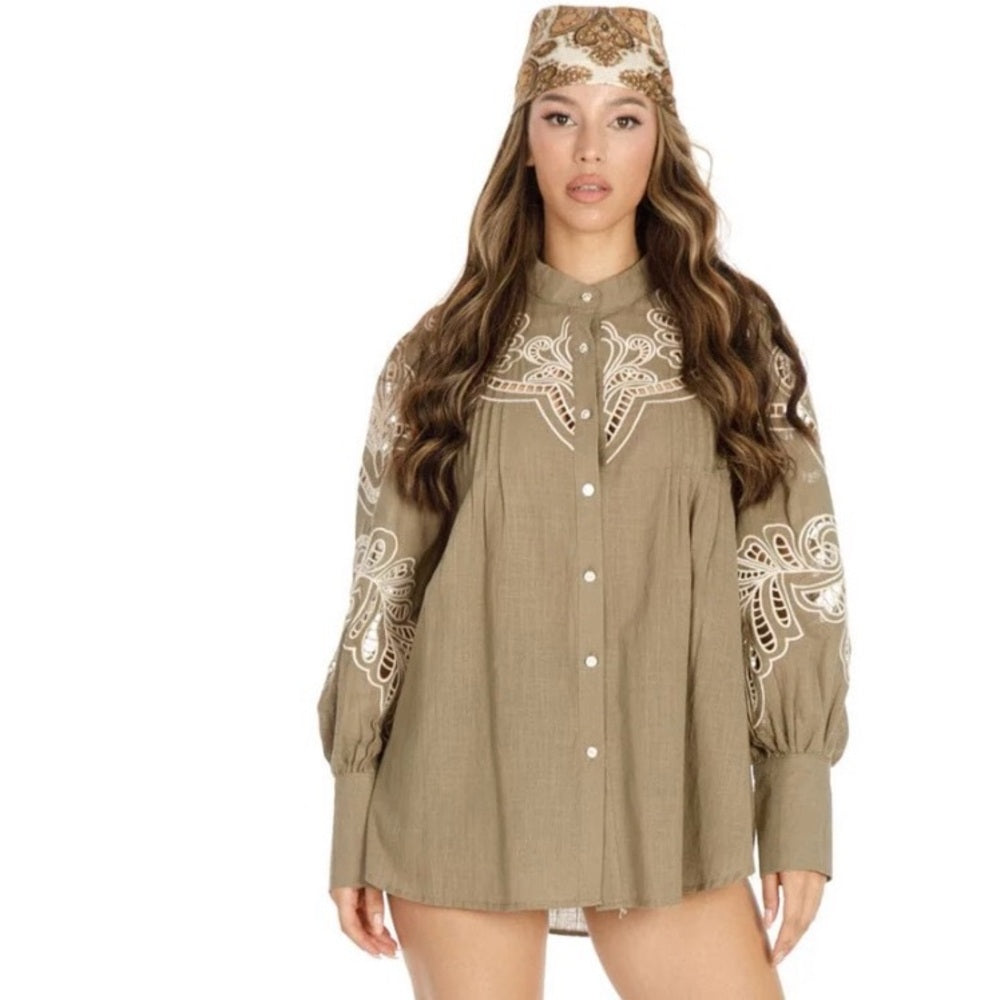 962. Embroidered Moss Green Button Down Shirt