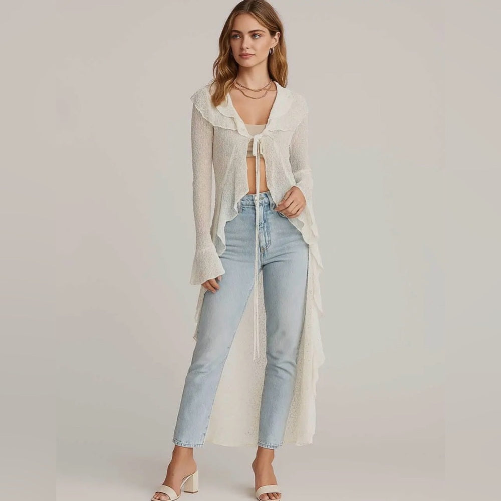 964. Sheer Cream Longline Lace Cardigan With Ruffle Collar & Tie Front