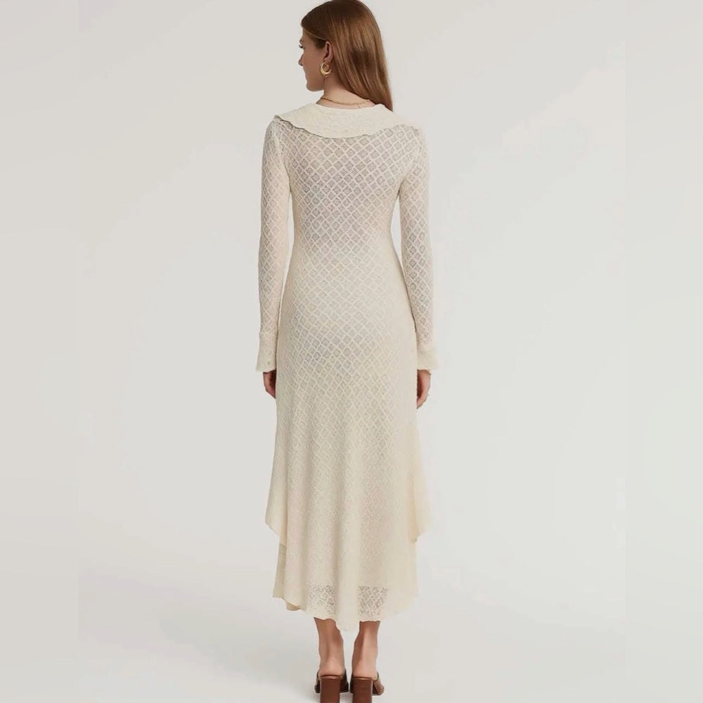 964. Sheer Cream Longline Lace Cardigan With Ruffle Collar & Tie Front