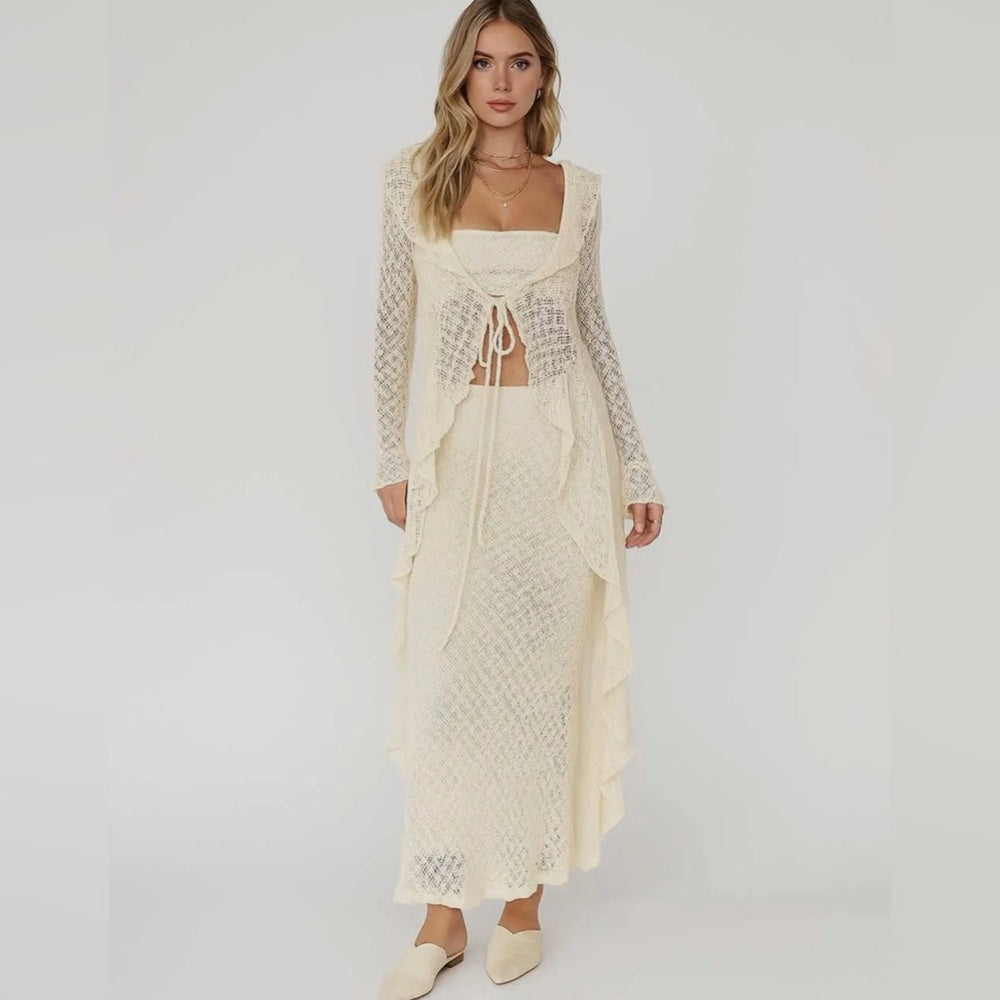 964. Sheer Cream Longline Lace Cardigan With Ruffle Collar & Tie Front