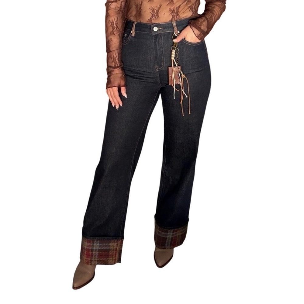 860. High-Waisted Dark Wash Denim Jeans With Plaid Cuffs