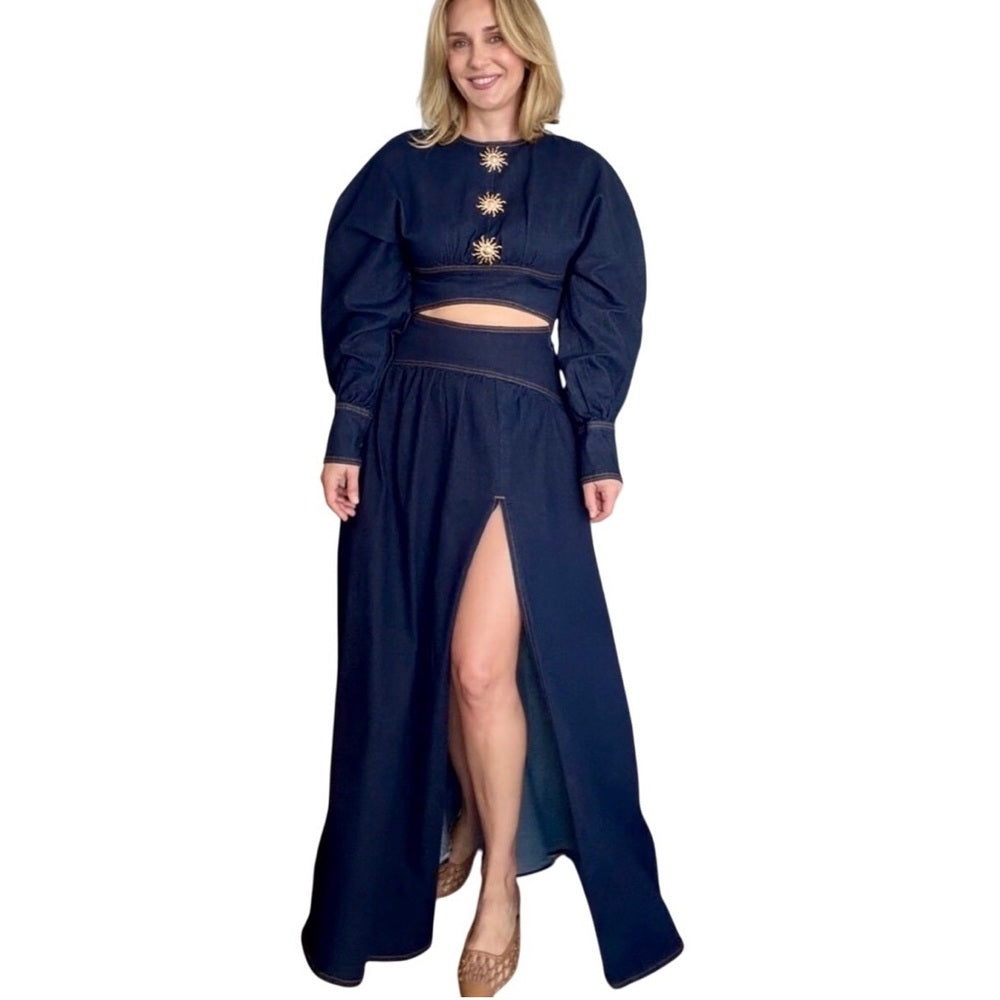 663. Denim Two-Piece Skirt Set with Gold Accents