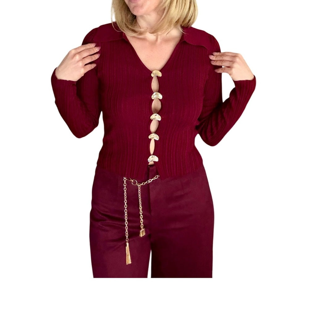 972. Burgundy Long Sleeve Gold Button Top