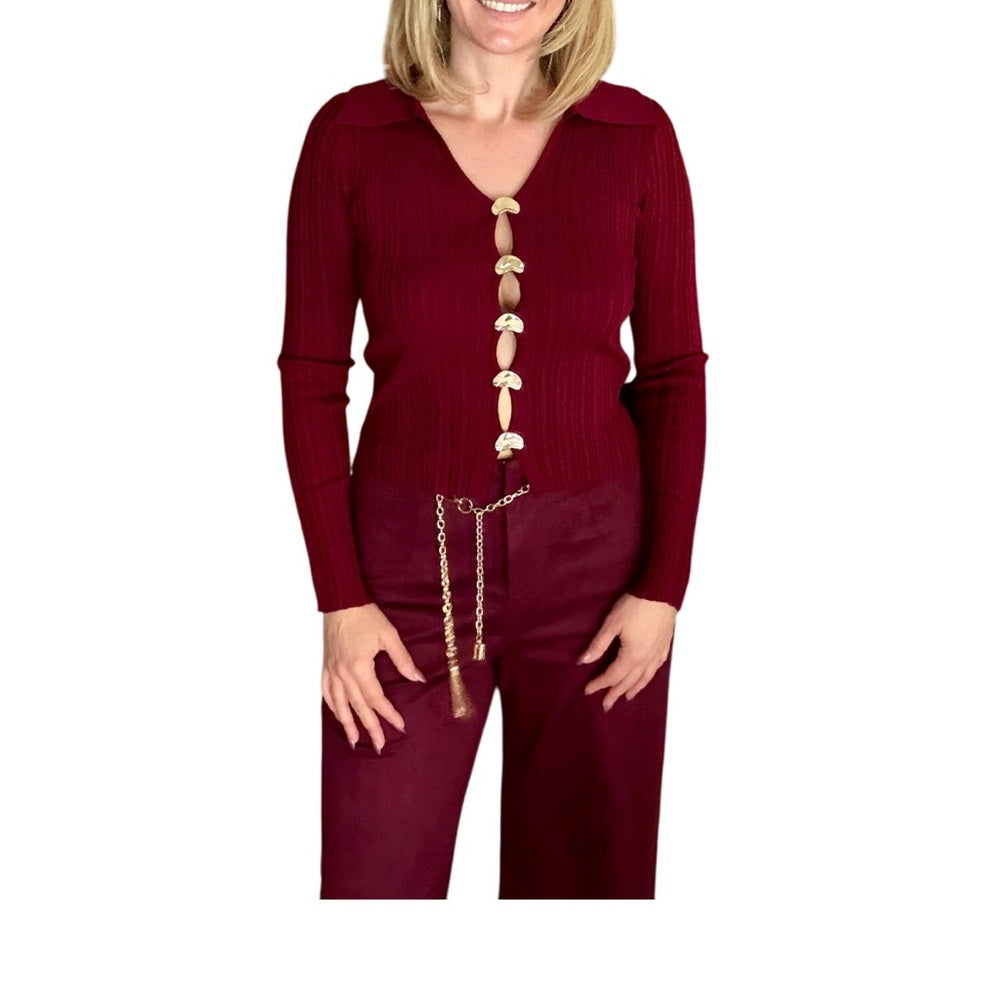 972. Burgundy Long Sleeve Gold Button Top