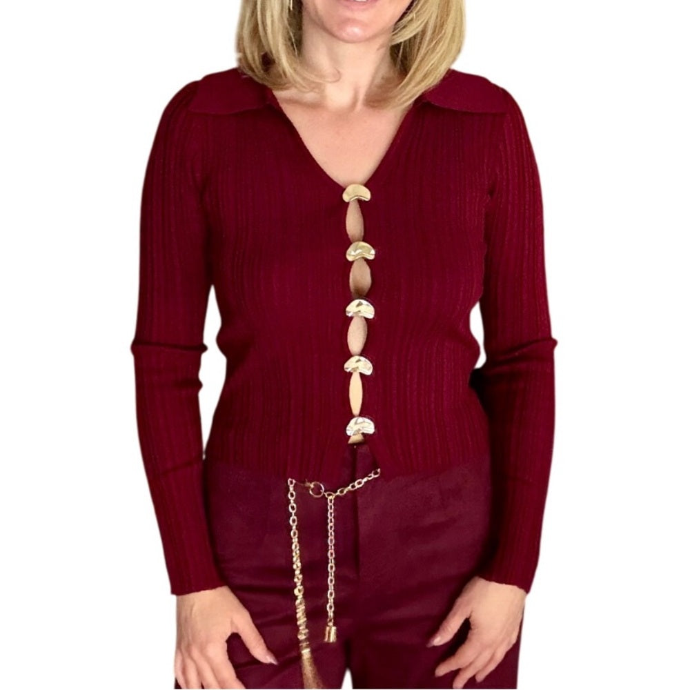 972. Burgundy Long Sleeve Gold Button Top