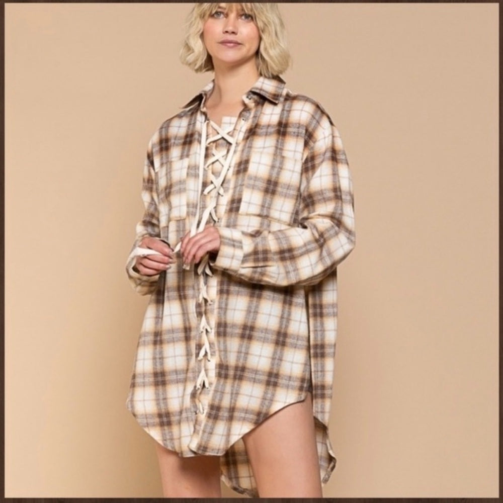 973. POL Plaid Lace-Up Shirt Tunic