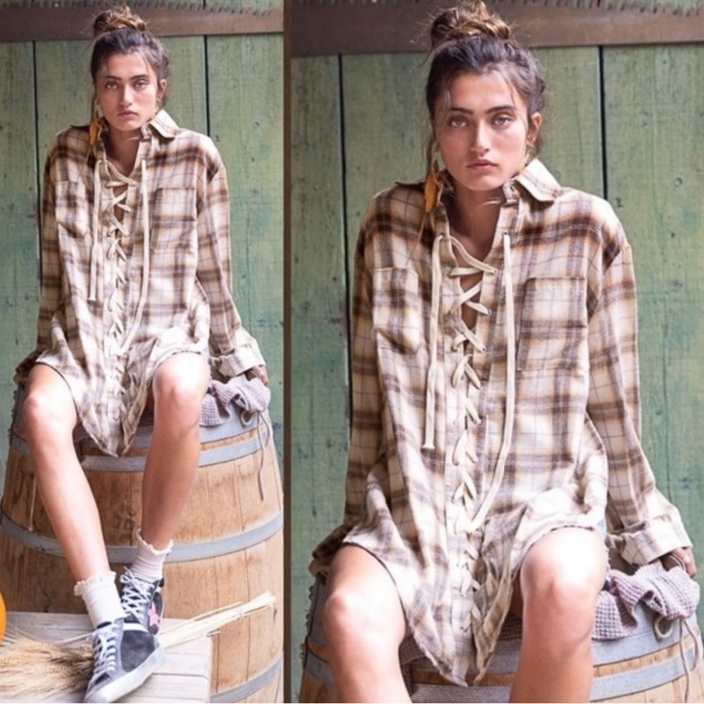 973. POL Plaid Lace-Up Shirt Tunic