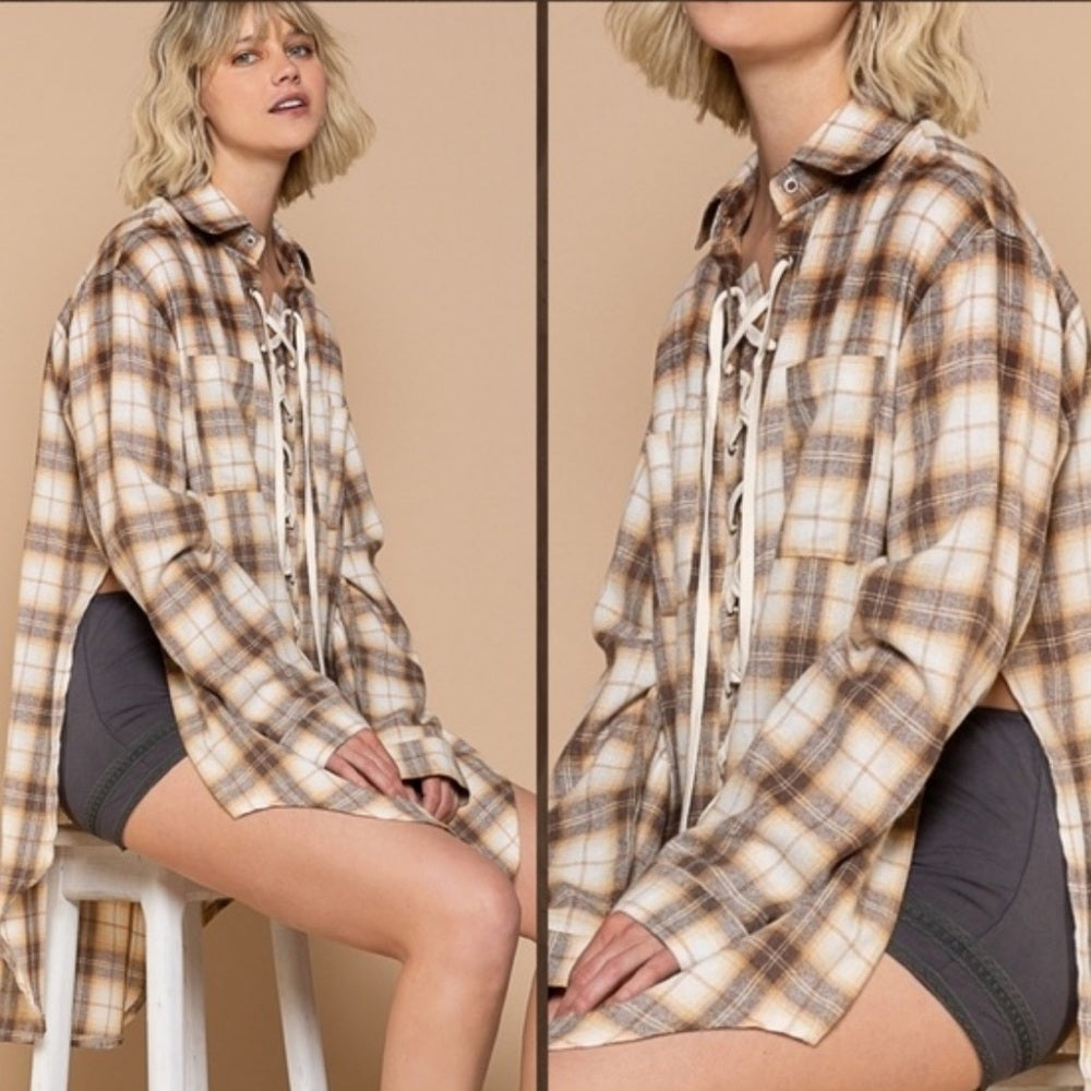 973. POL Plaid Lace-Up Shirt Tunic