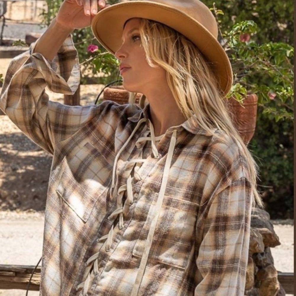 973. POL Plaid Lace-Up Shirt Tunic