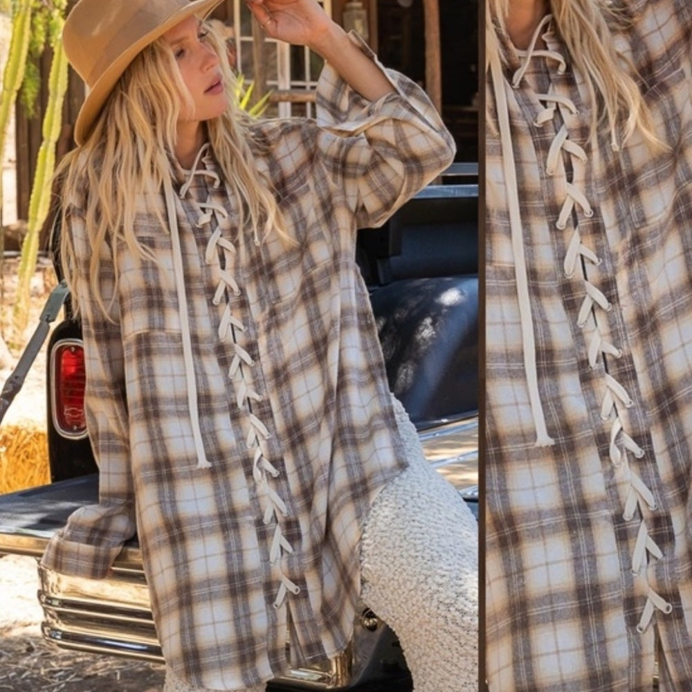973. POL Plaid Lace-Up Shirt Tunic