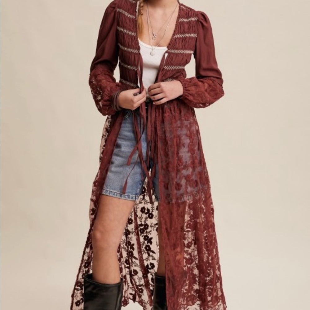 974. Burgundy Bohemian Lace Duster Cardigan