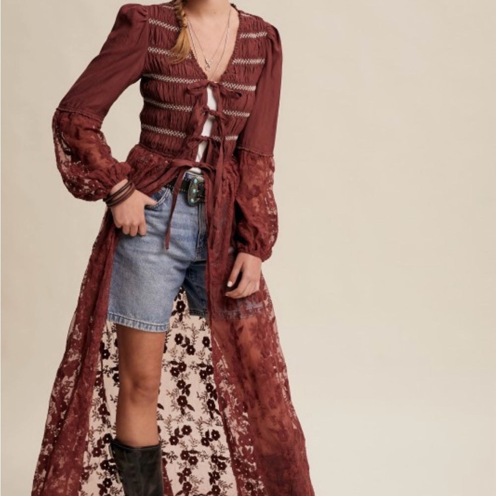 974. Burgundy Bohemian Lace Duster Cardigan