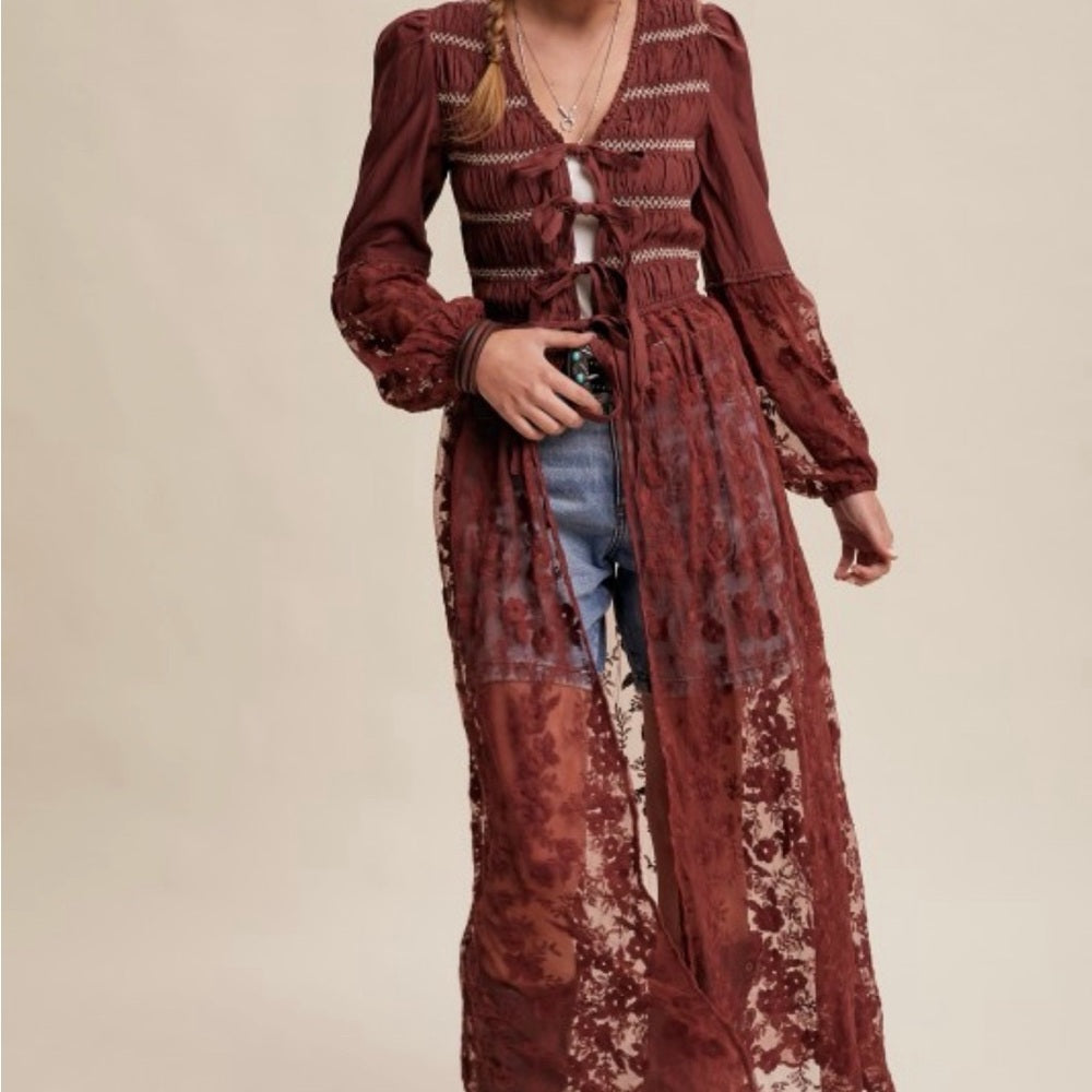 974. Burgundy Bohemian Lace Duster Cardigan