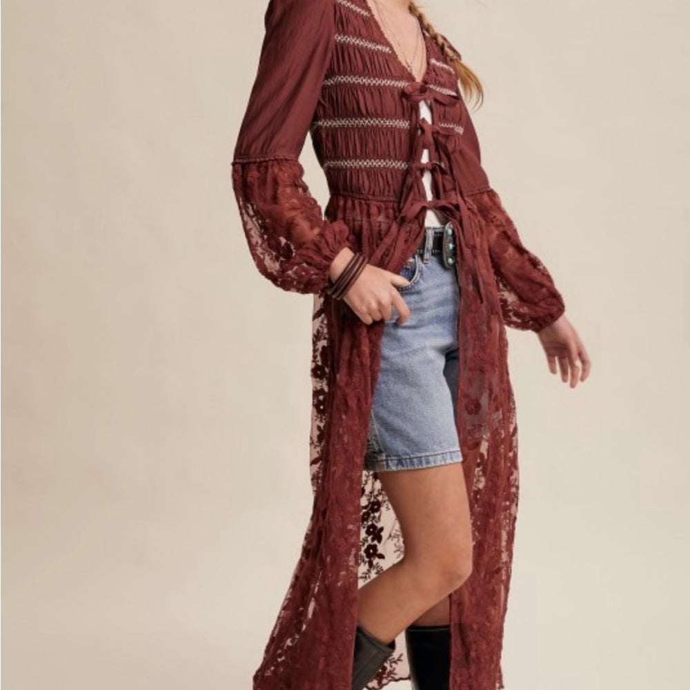 974. Burgundy Bohemian Lace Duster Cardigan
