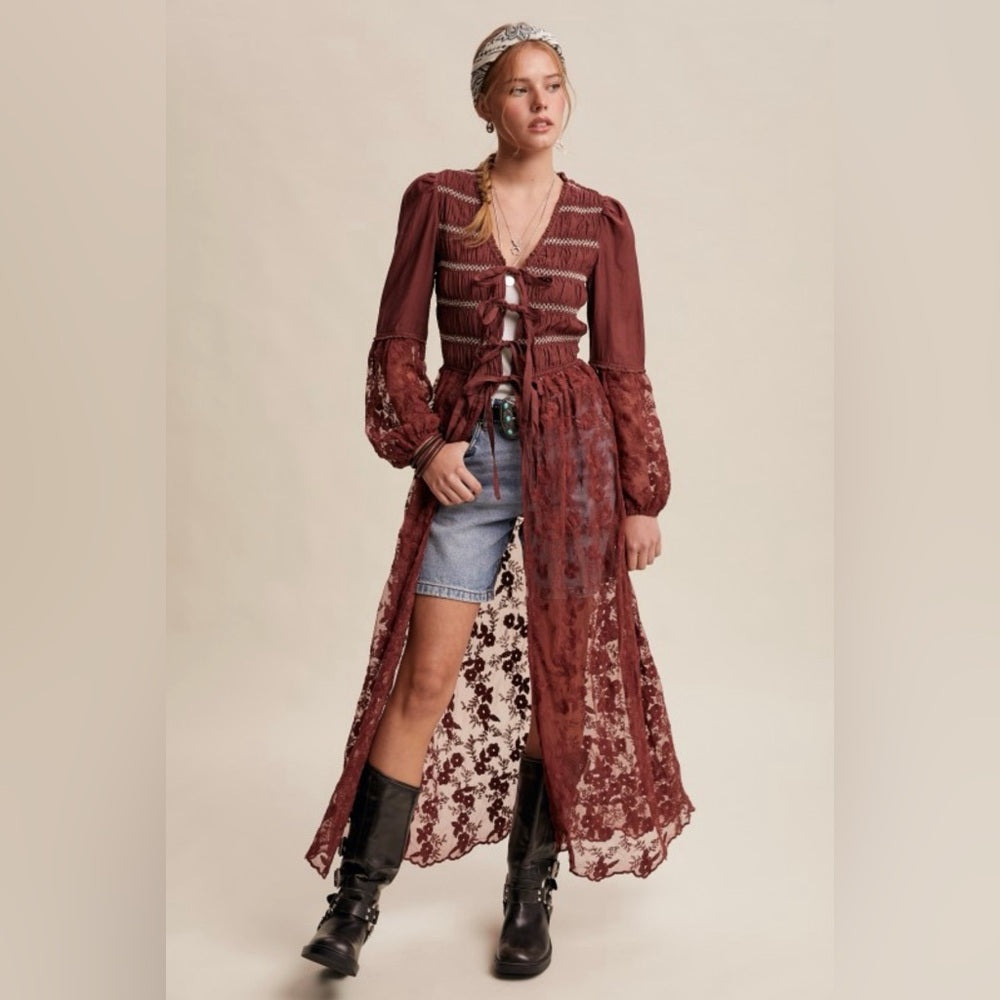 974. Burgundy Bohemian Lace Duster Cardigan