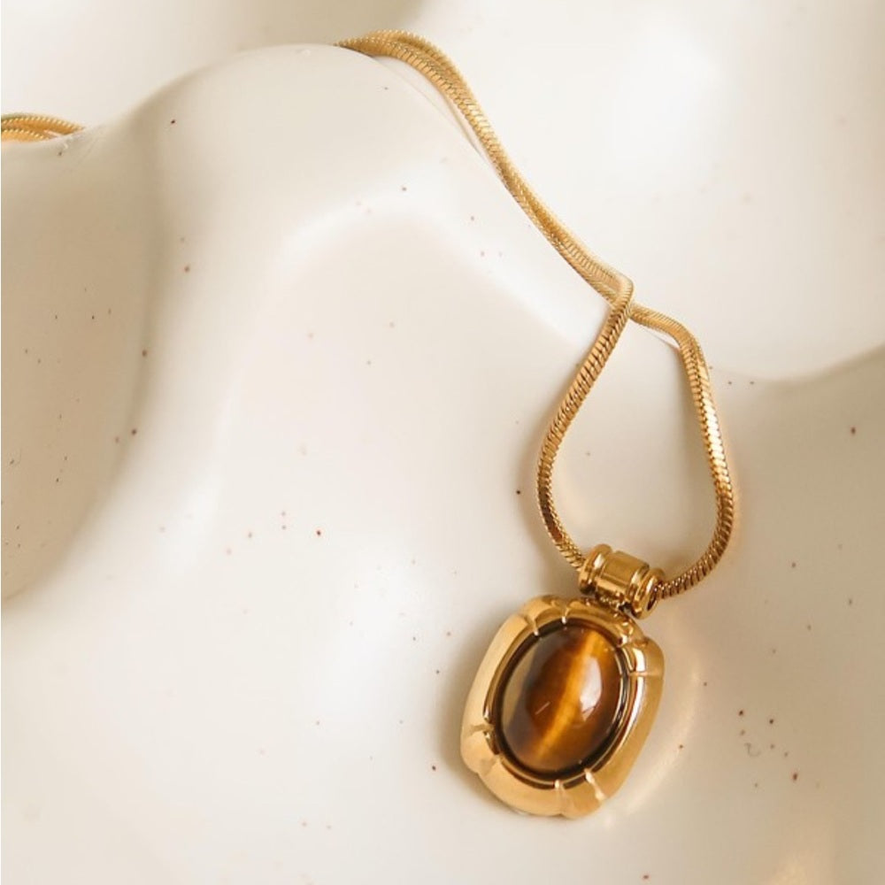 987. 18k Gold Non-tarnish Natural Stone Necklace - Brown