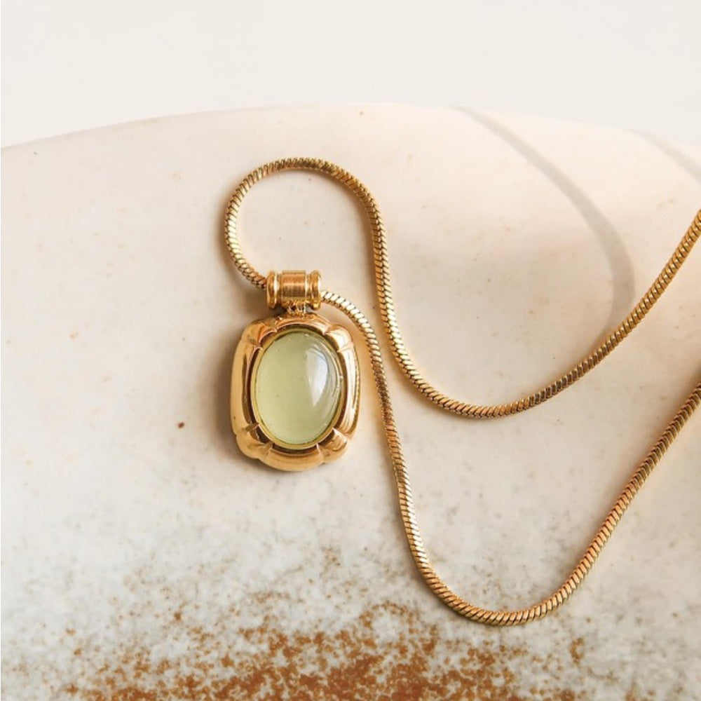 988. 18k Gold Non-tarnish Natural Stone Necklace - Green