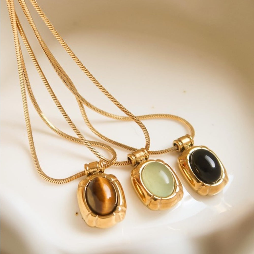 988. 18k Gold Non-tarnish Natural Stone Necklace - Green
