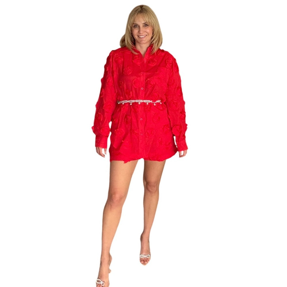 A14. 3D Red Rose Button-Up Shirt & Short Set