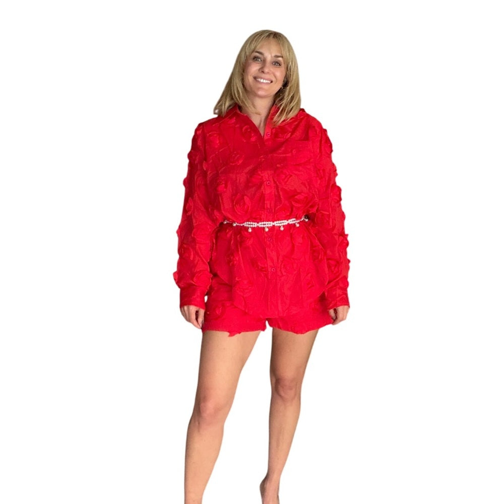 A14. 3D Red Rose Button-Up Shirt & Short Set