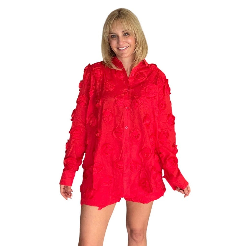 A14. 3D Red Rose Button-Up Shirt & Short Set