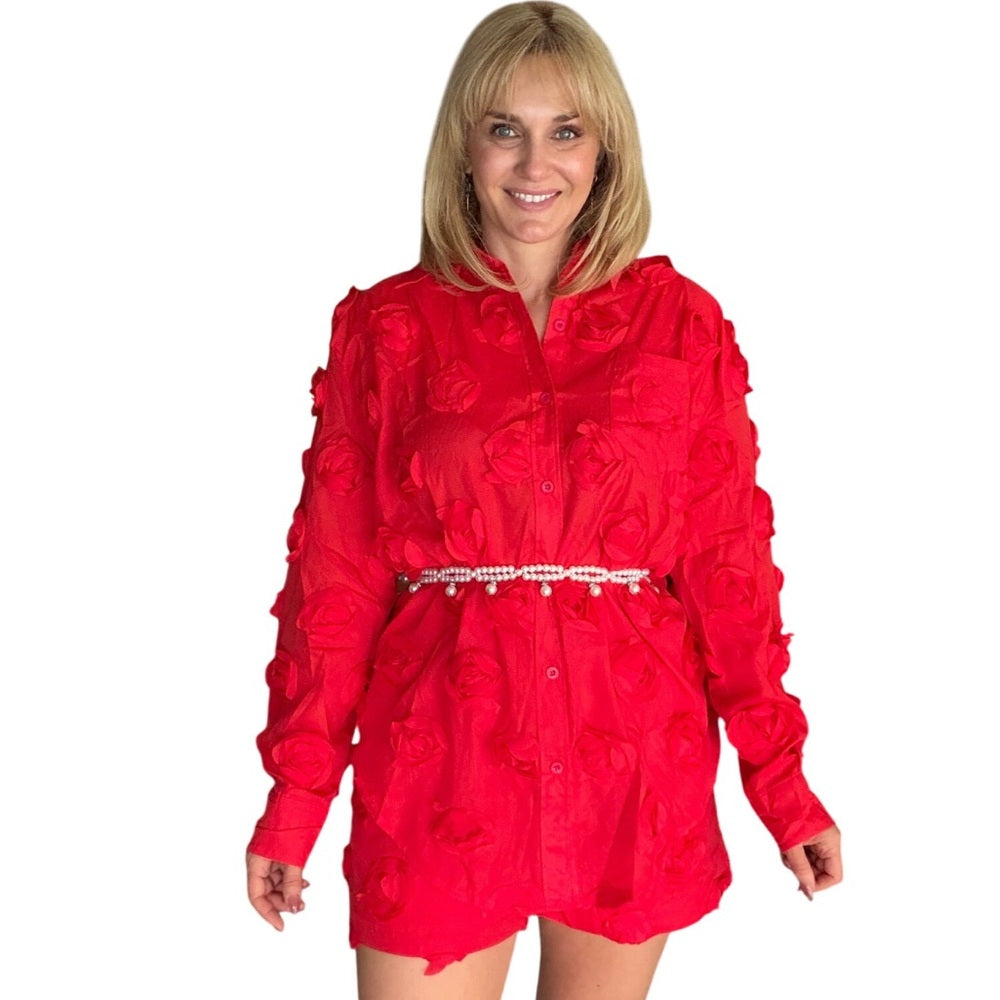 A14. 3D Red Rose Button-Up Shirt & Short Set