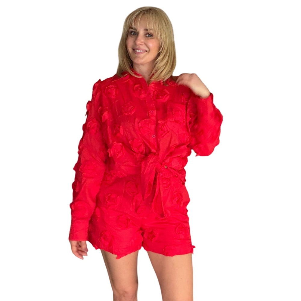 A14. 3D Red Rose Button-Up Shirt & Short Set