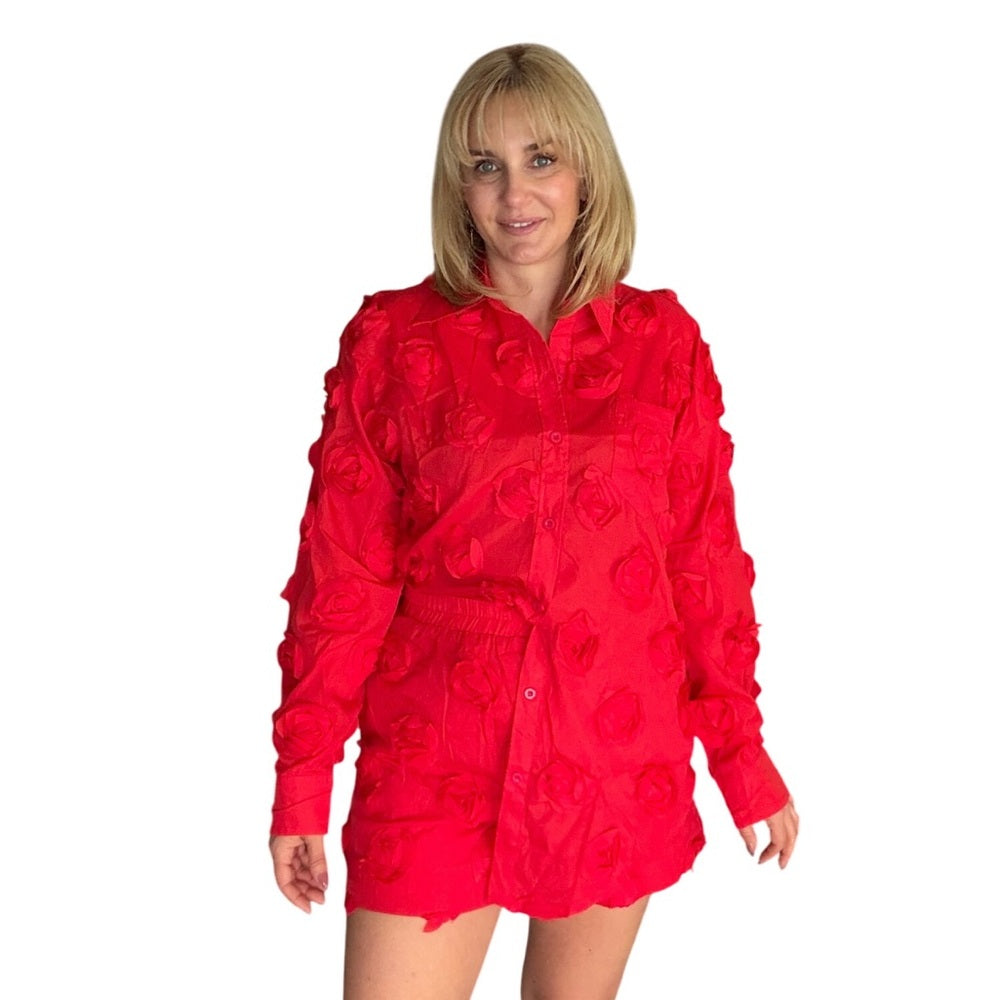 A14. 3D Red Rose Button-Up Shirt & Short Set
