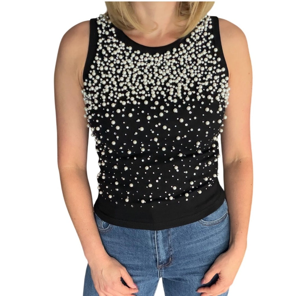 A15. Black Pearl Embellished Ribbed Tank Top