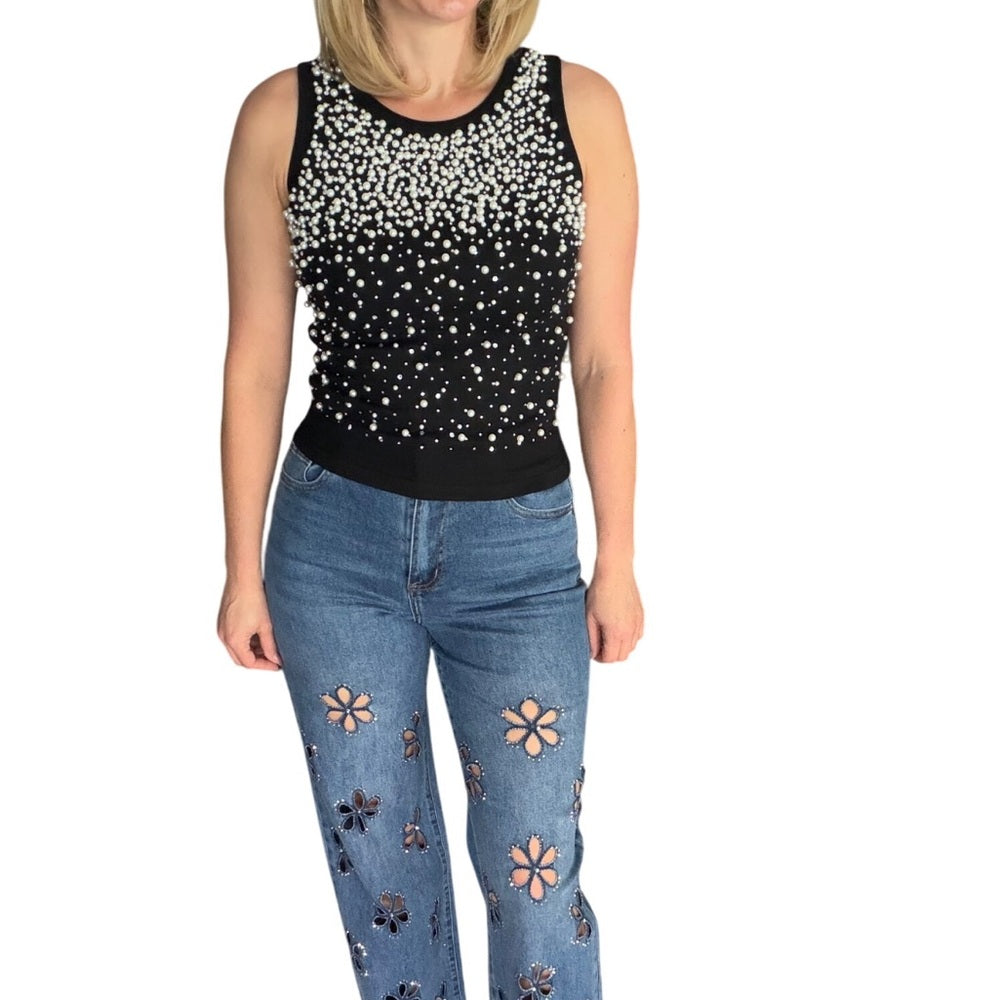 A15. Black Pearl Embellished Ribbed Tank Top