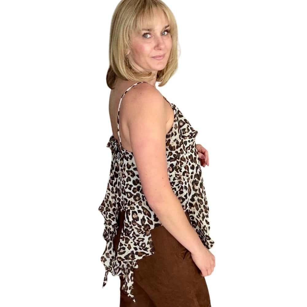 A19. Leopard Print Spaghetti Strap Ruffle Hem Top
