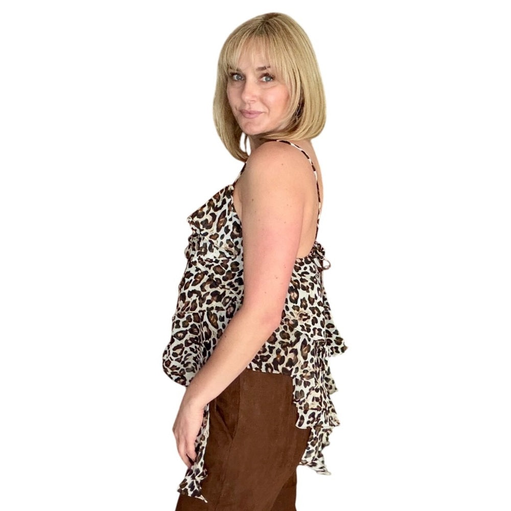 A19. Leopard Print Spaghetti Strap Ruffle Hem Top