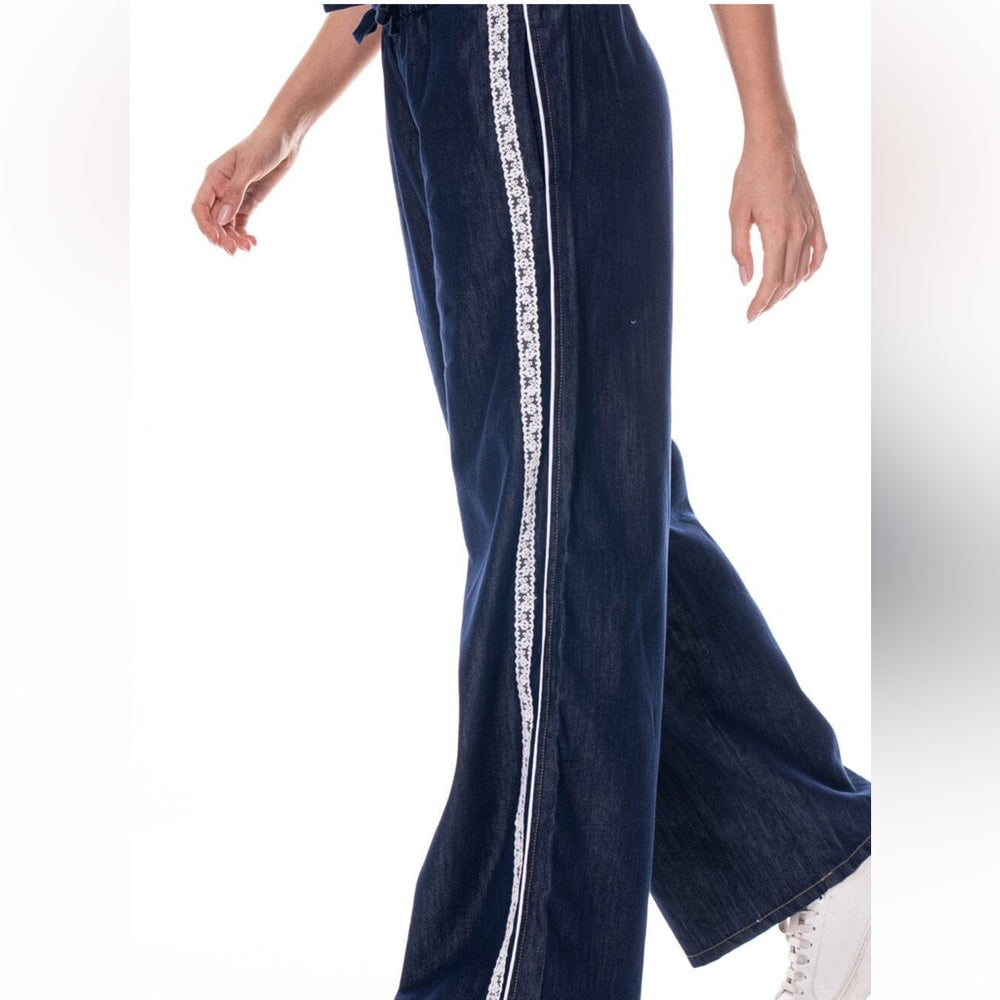 A21. Navy Wide-Leg Denim Pants with White Lace Stripes