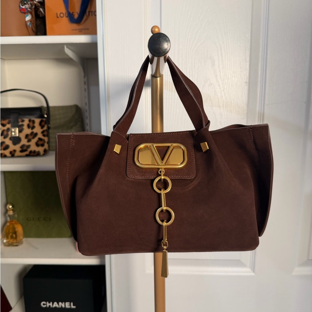 A32. Real Suede Brown Tote Bag w/ Crossbody Strap