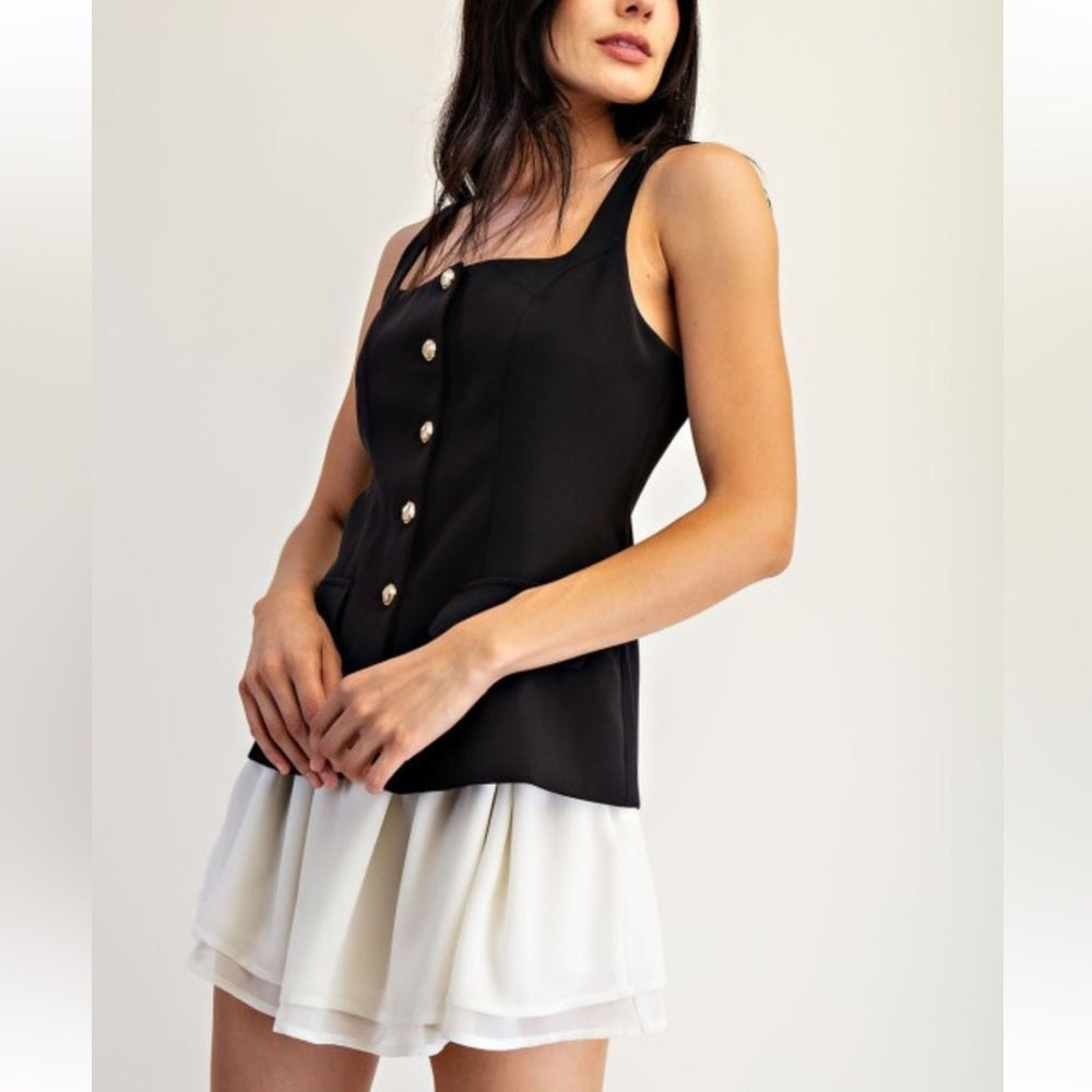 A47. Black & Cream Sleeveless Button Up Dress