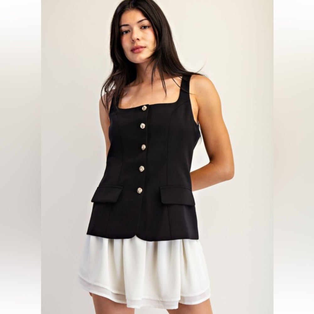 A47. Black & Cream Sleeveless Button Up Dress