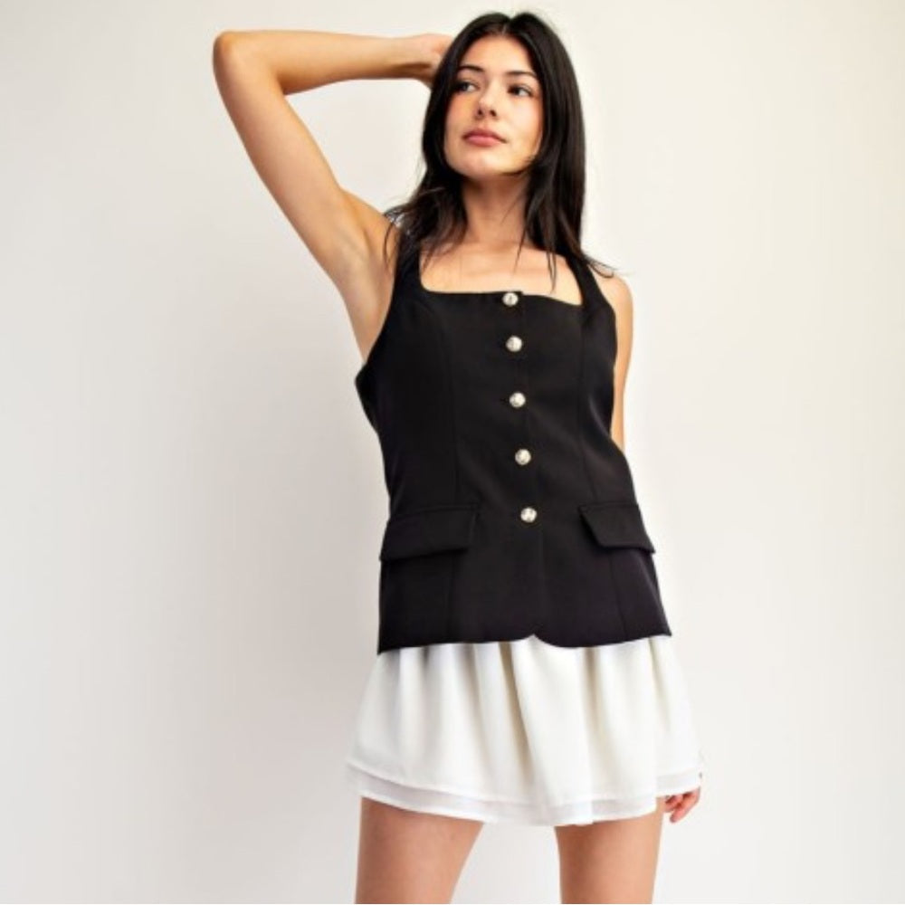 A47. Black & Cream Sleeveless Button Up Dress