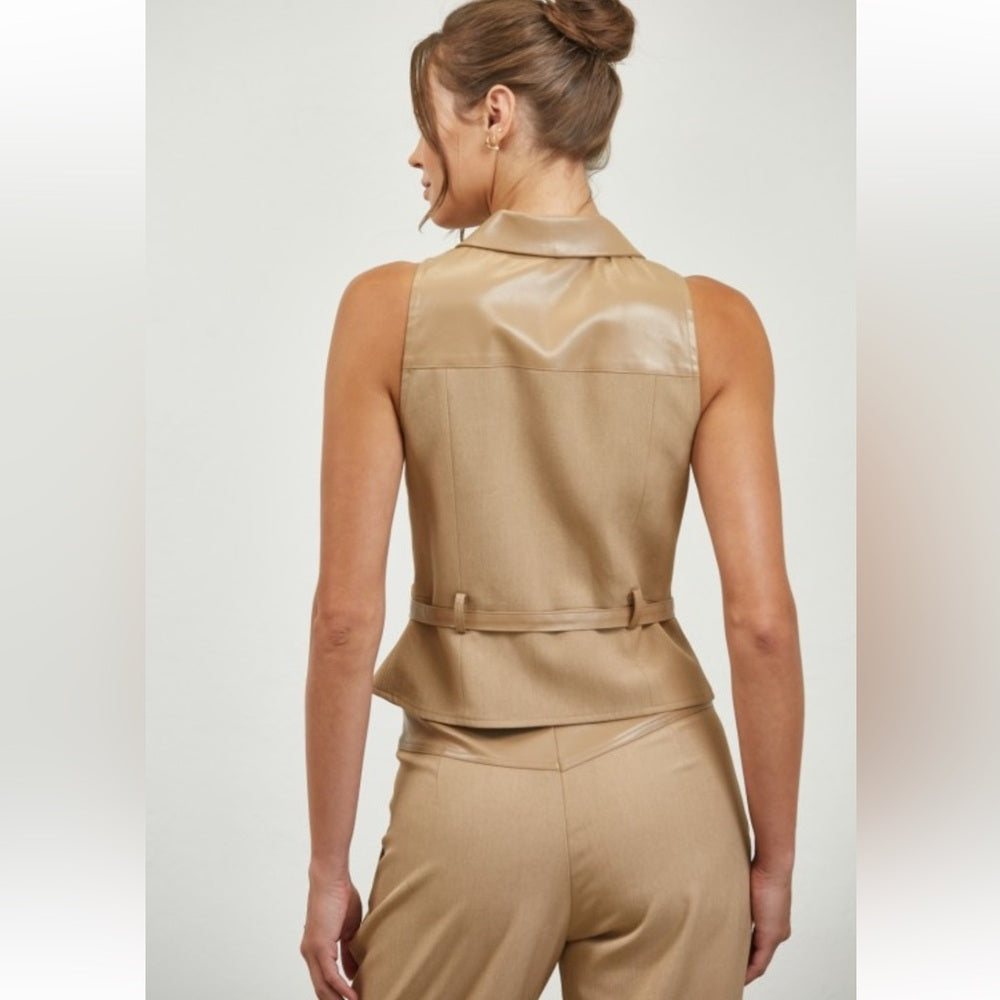 A48. Tan Faux Leather Belted Vest & Pants Set