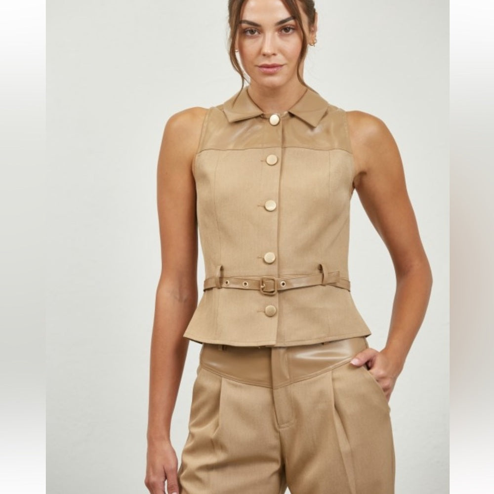 A48. Tan Faux Leather Belted Vest & Pants Set