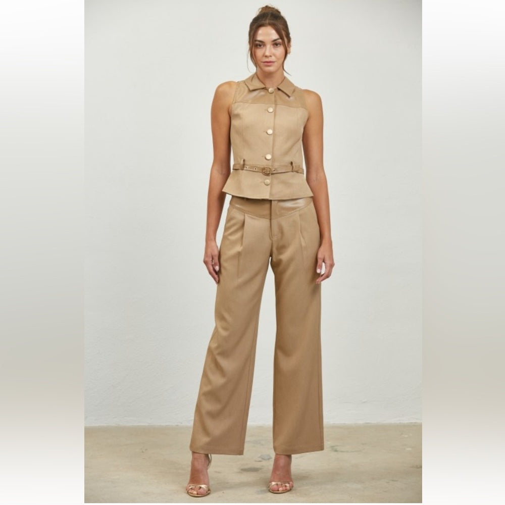 A48. Tan Faux Leather Belted Vest & Pants Set
