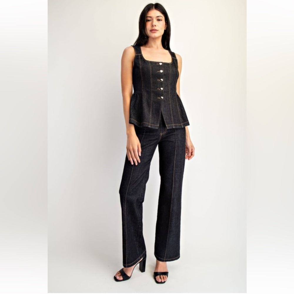 A49. Black Denim Peplum Vest & Pant Set