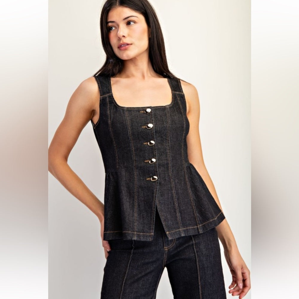 A49. Black Denim Peplum Vest & Pant Set