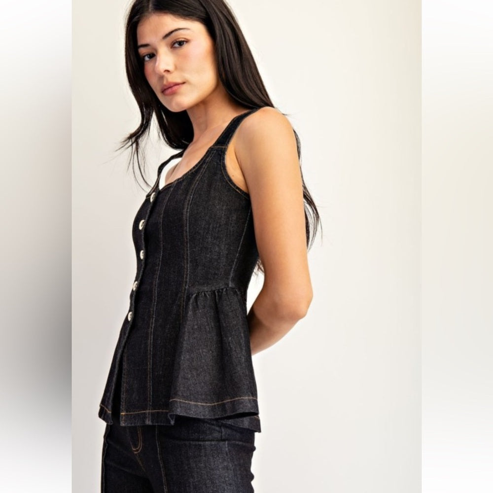 A49. Black Denim Peplum Vest & Pant Set