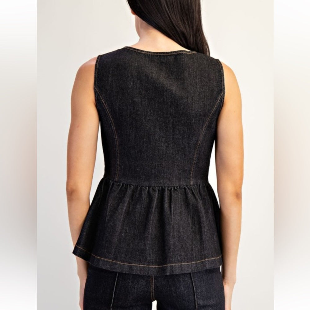 A49. Black Denim Peplum Vest & Pant Set