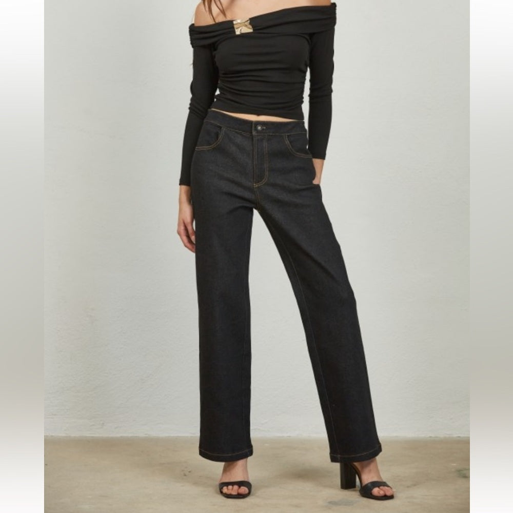 A49. Black Denim Peplum Vest & Pant Set